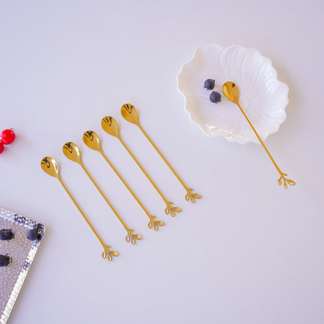 Long Handle Gold Spoons | Leaf Cocktail Stirrers | Stainless Steel - Image 7