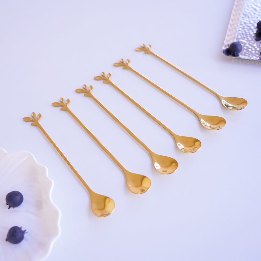 Long Handle Gold Spoons | Leaf Cocktail Stirrers | Stainless Steel - Image 5