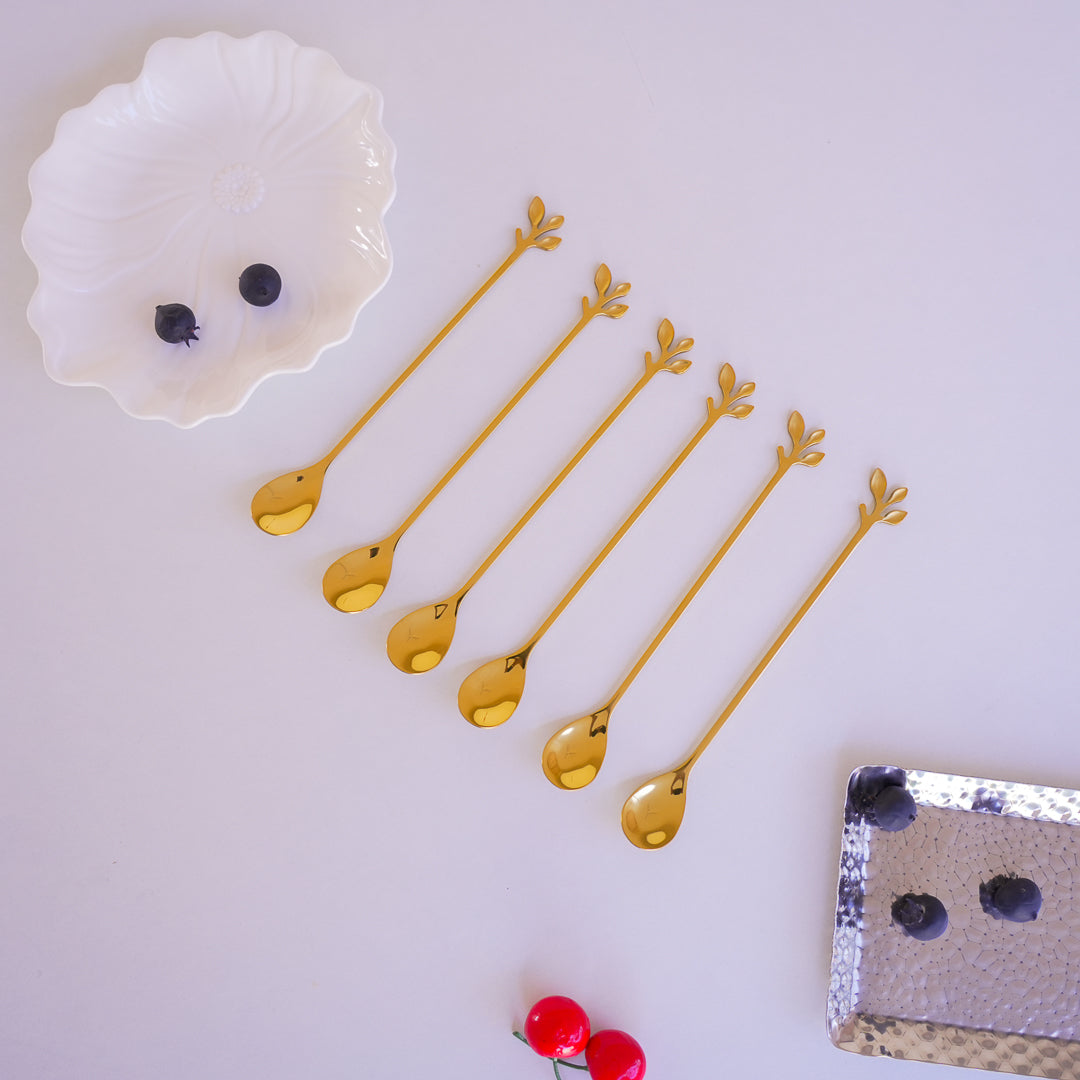 Long Handle Gold Spoons | Leaf Cocktail Stirrers | Stainless Steel - Image 6