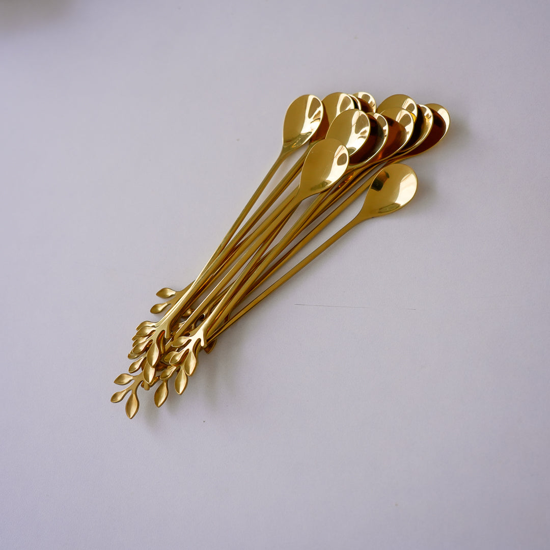Long Handle Gold Spoons | Leaf Cocktail Stirrers | Stainless Steel - Image 4