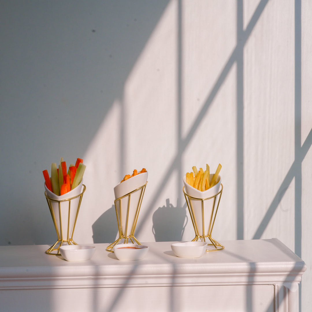 Heart Snack Cone with Gold Stand & Dip Bowl | Luxury Porcelain Serveware - Image 2