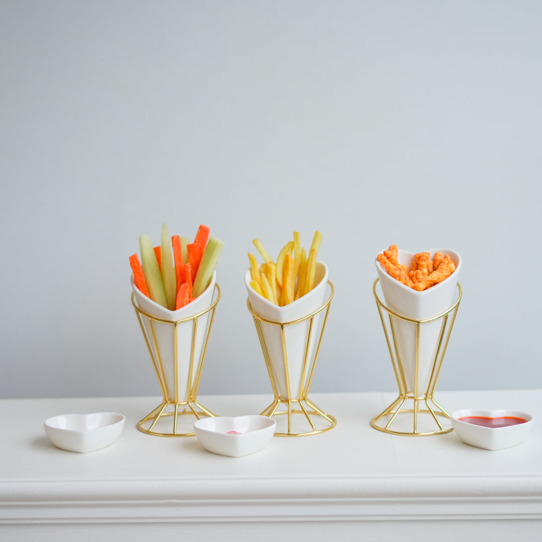 Heart Snack Cone with Gold Stand & Dip Bowl | Luxury Porcelain Serveware - Image 9