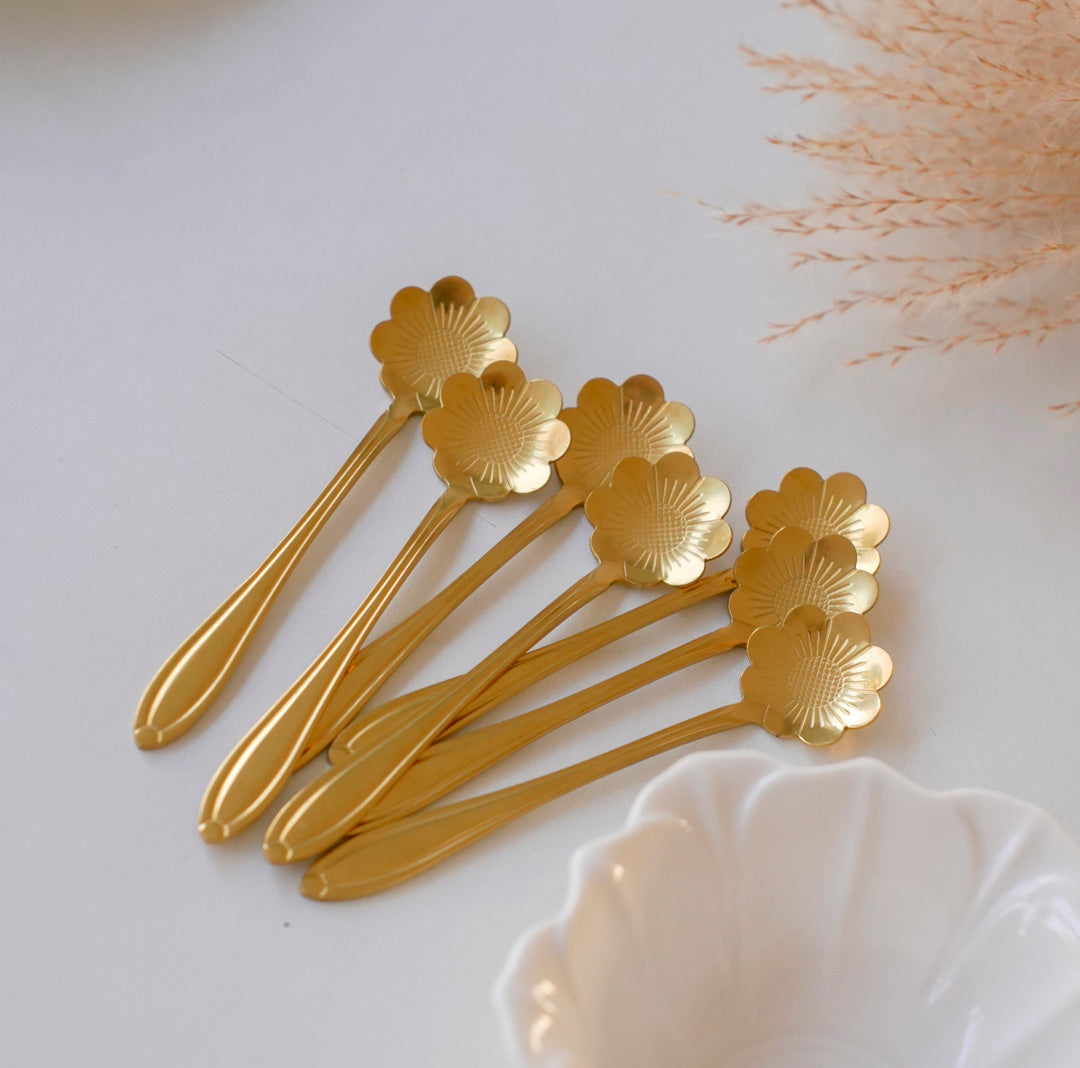 Small Dessert & Tea Spoons |Set of 6 | Gold Chrysanthemum Flower - Image 9