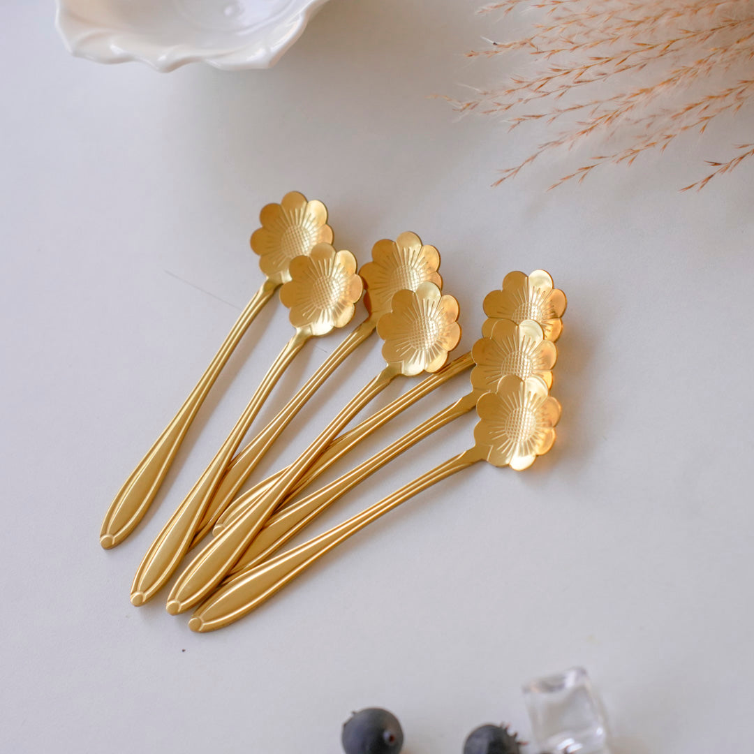 Small Dessert & Tea Spoons |Set of 6 | Gold Chrysanthemum Flower - Image 5
