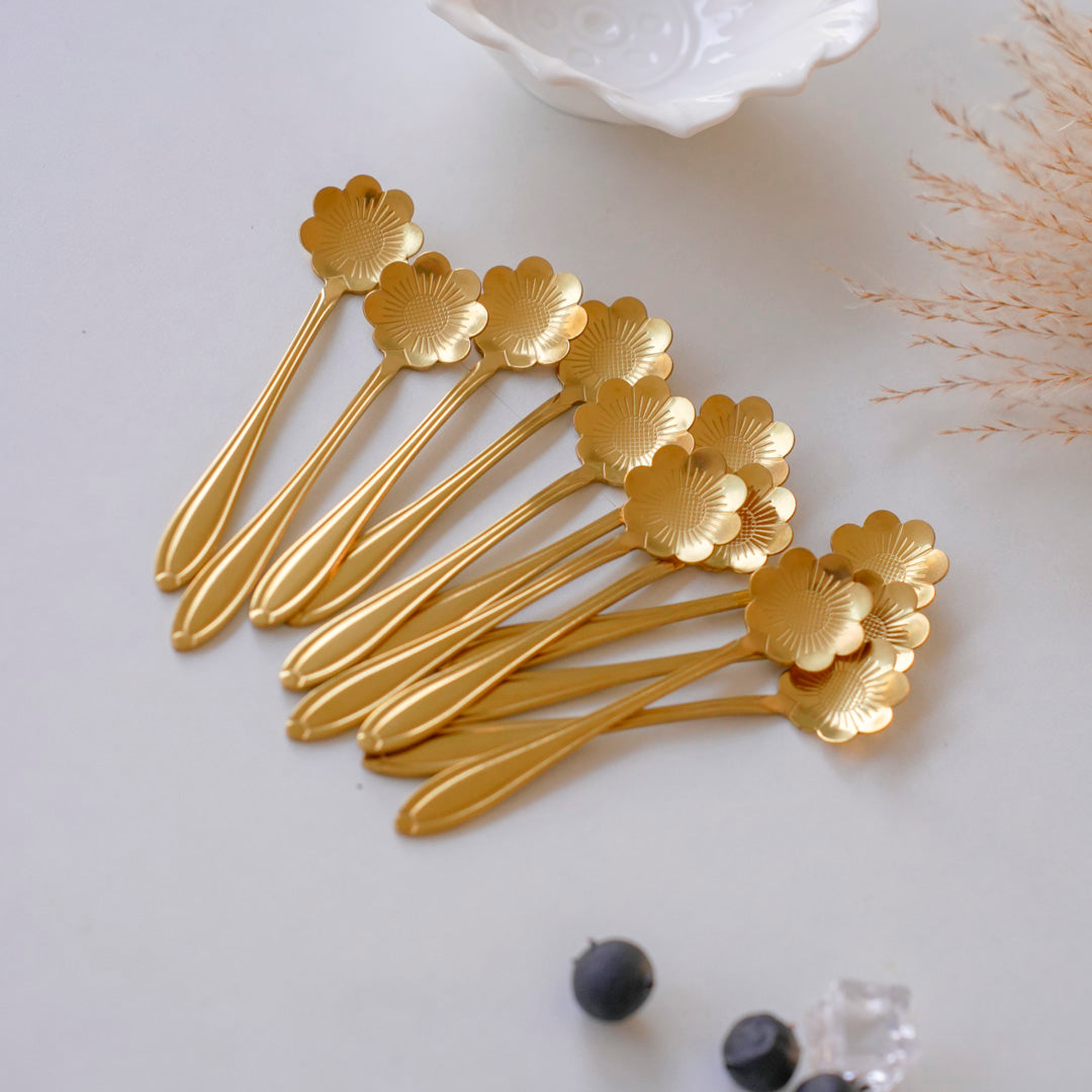 Small Dessert & Tea Spoons |Set of 6 | Gold Chrysanthemum Flower - Image 6